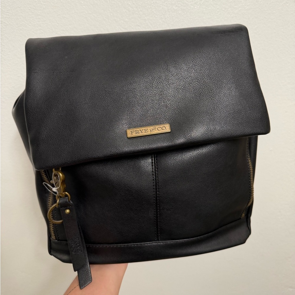 Black Leather Fold-Top Backpack with Gold Hardware